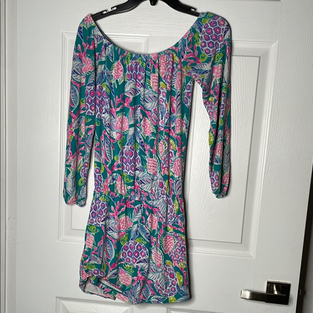 Lilly Pulitzer off the shoulder Lana skort romper Maldives green turtle wave